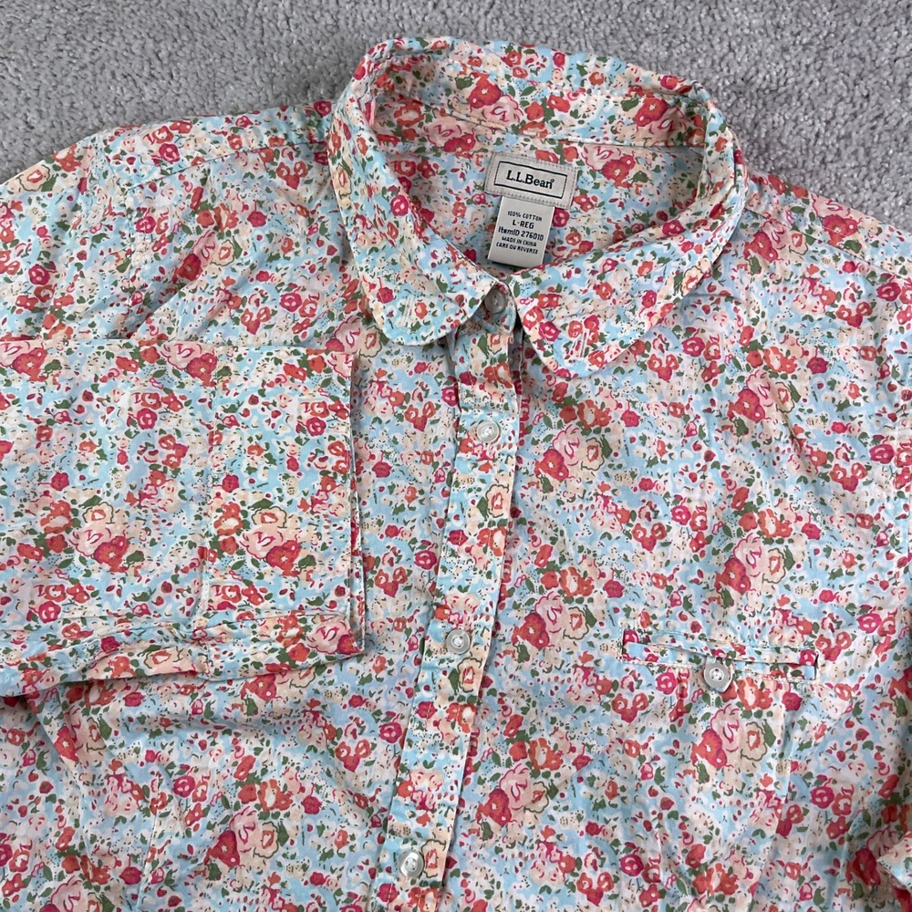 LL Bean Top Womens Large Pink Blue Floral Long Sleeve Button Up Cottagecore
